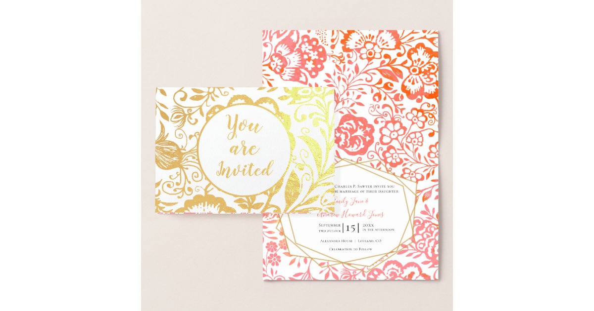 Elegant Real Gold Foil Floral Wedding Invitation Zazzle Com