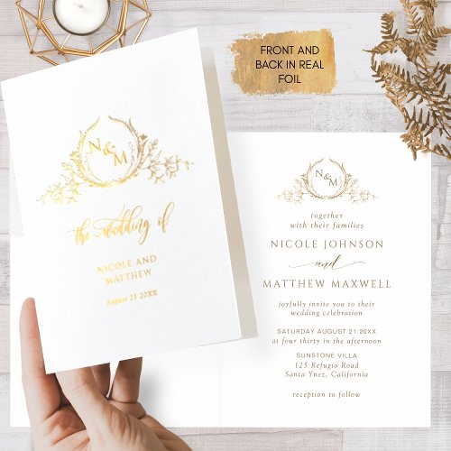Elegant Real Gold Foil Monogram Folded Wedding Fo Foil Card
