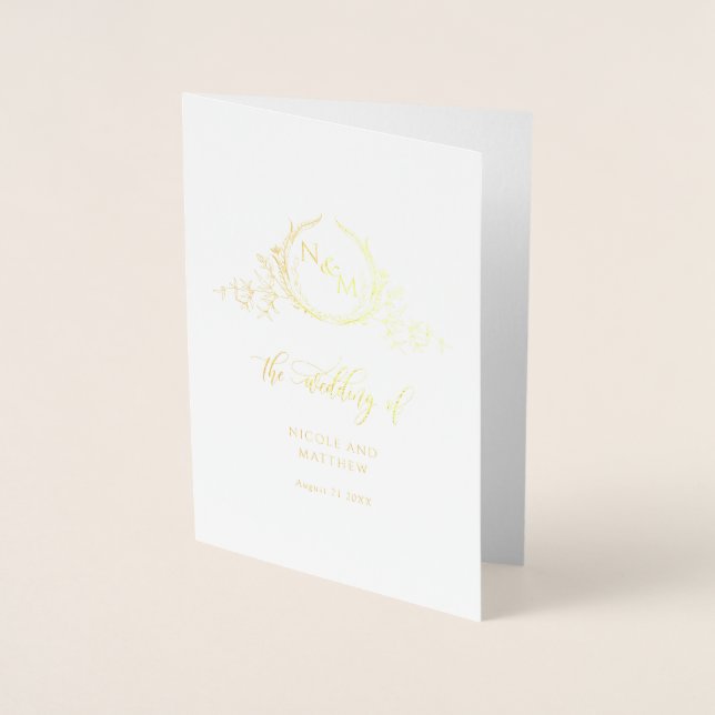 Elegant Real Gold Foil Monogram, Formal Wedding Card (Front)