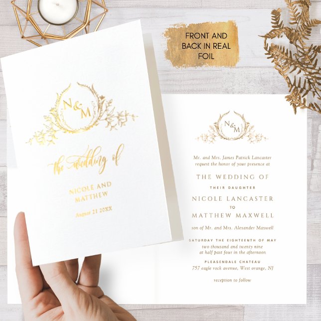Elegant Real Gold Foil Monogram, Formal Wedding Foil Card (Creator Uploaded)