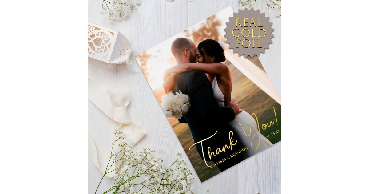 Elegant Real Gold Foil Photo Wedding Thank You Invitation Postcard | Zazzle