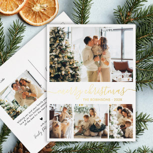 Elegant Real Gold Foil Script 4 Photo Collage  Holiday Postcard