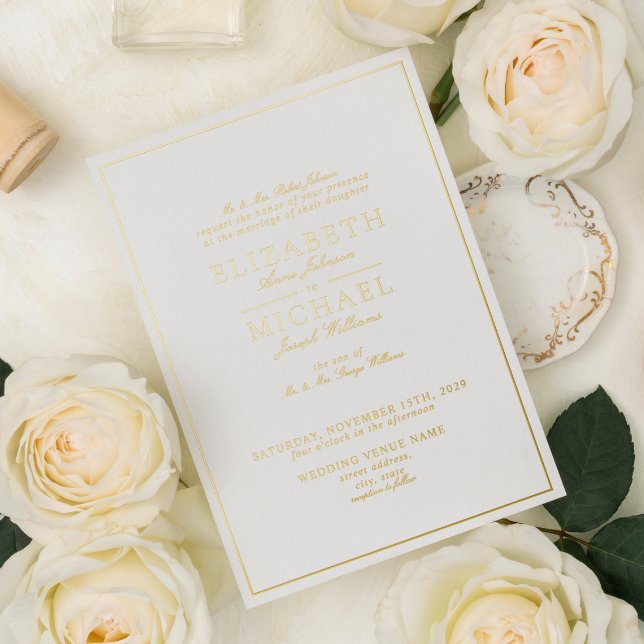 Elegant Real Gold Foil White Script Wedding Foil Invitation (Creator Uploaded)