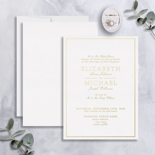 Elegant Real Gold Foil White Script Wedding Foil Invitation
