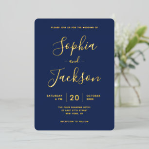 Elegant Real Gold or Silver & Navy Wedding Foil Invitation