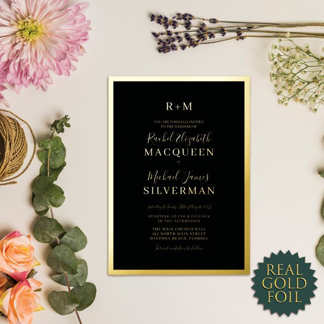 Elegant Real Gold Thick Border Black Wedding Foil Invitation (Creator Uploaded)