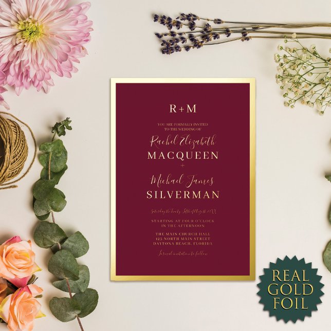 Elegant Real Gold Thick Border Burgundy Wedding Foil Invitation (Creator Uploaded)