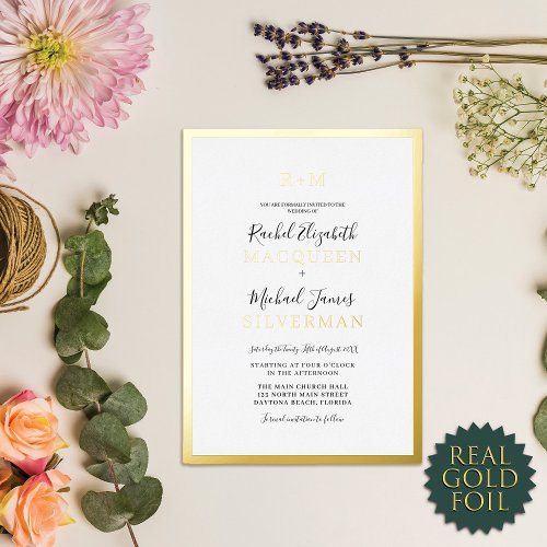 Elegant Real Gold Thick Border White Wedding Foil Invitation