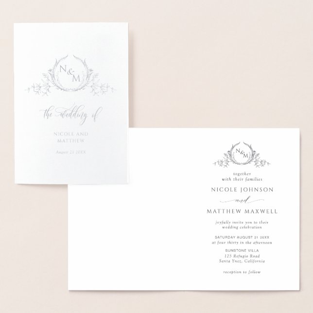 Elegant Real Silver Foil Monogram, Folded Wedding  Card (Display)
