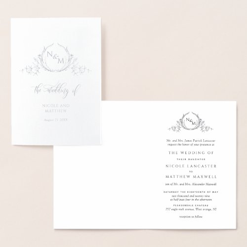 Elegant Real Silver Foil Monogram Formal Wedding Foil Card