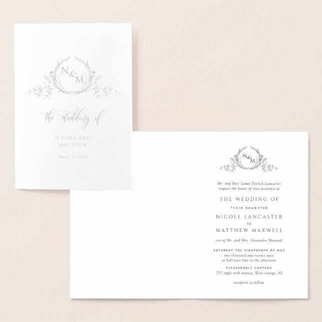 Elegant Real Silver Foil Monogram, Formal Wedding Foil Card (Display)