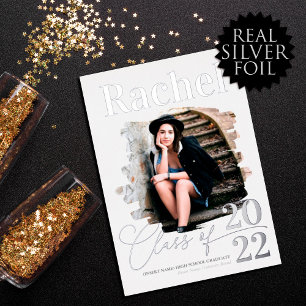 Elegant Real Silver Typography Class of Graduation Foil Invitation