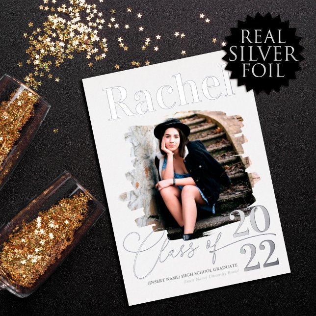 Elegant Real Silver Typography Class of Graduation Foil Invitation (Creator Uploaded)