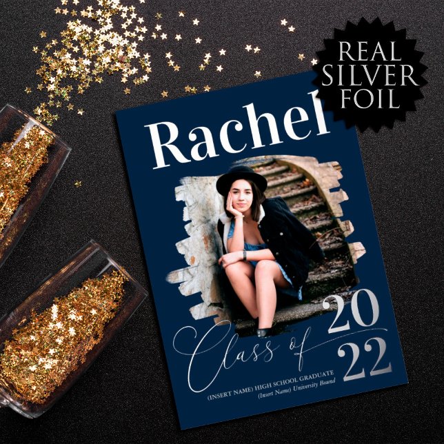 Elegant Real Silver Typography Class of Graduation Foil Invitation (Creator Uploaded)