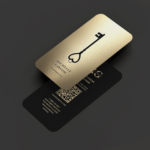 Elegant Realtor Monogram Black Gold Key Modern  Business Card