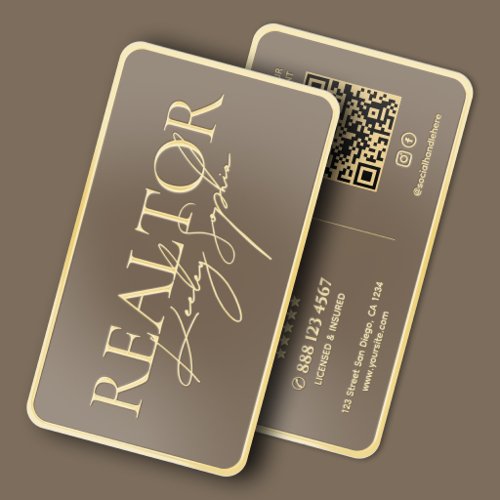 Elegant Realtor Mortgage Broker Taupe Gold Frame Foil Business Cards