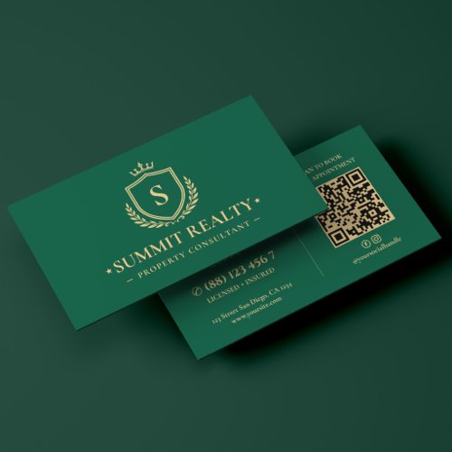 Elegant Realtor Property Consultant Shield Green Business Card