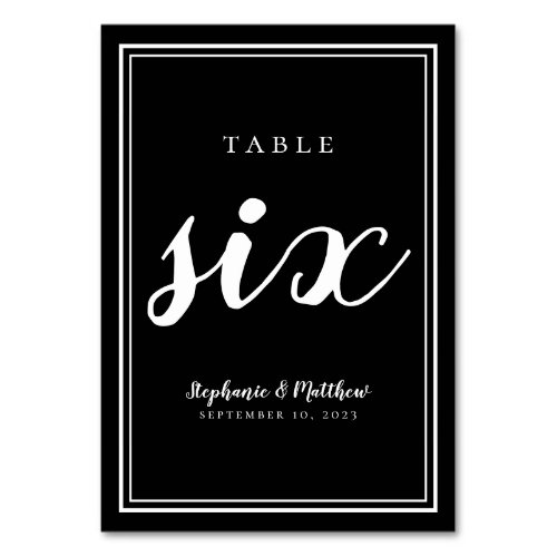 Elegant Reception Table Number Six  Black  White