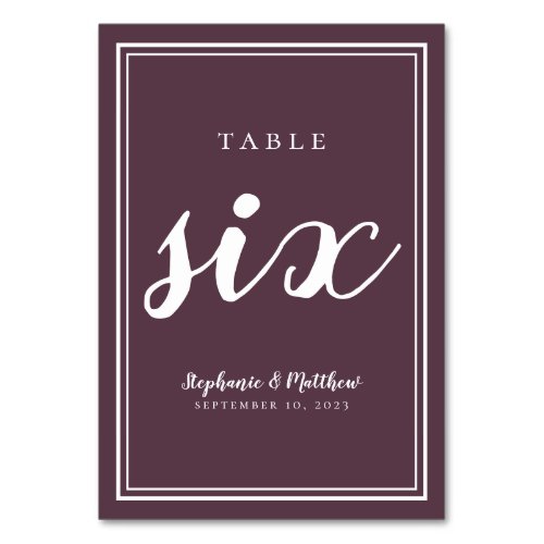 Elegant Reception Table Number Six  Modern Purple