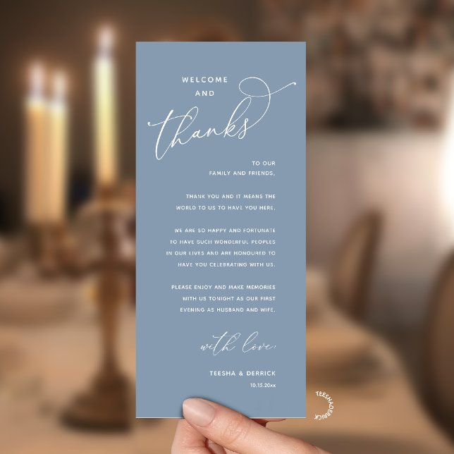 Elegant Reception "Welcome and Thanks" Guest Card (Modern Elegant Wedding Reception "Welcome and Thanks" Table Card for Guest in Dusty Blue)