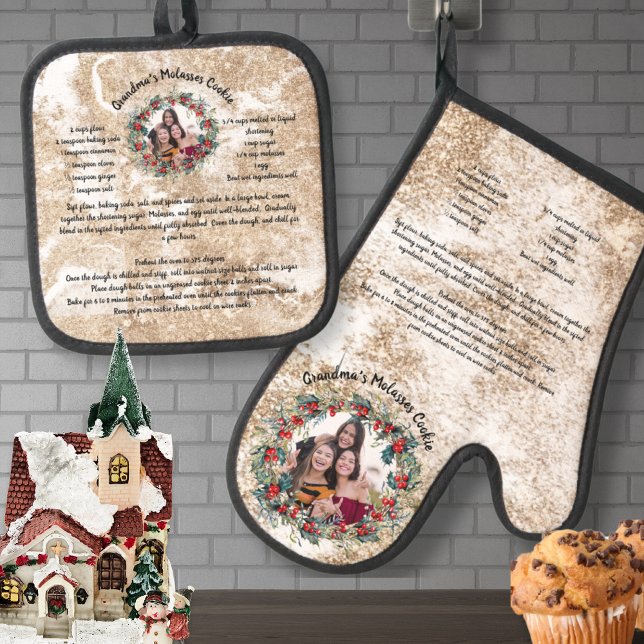Elegant Recipe Keepsake Template Add Photo Wreath Oven Mitt & Pot Holder Set (Creator Uploaded)