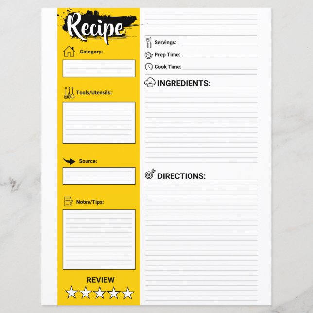 Elegant Recipe Paper Sheet (Full Page Fillable) (Front)