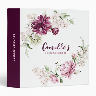 Elegant Recipe Peony Floral Wreath Watercolor 3 Ring Binder