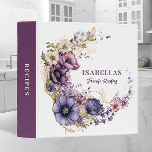 Elegant Recipe Purple Floral Wreath Watercolor 3 Ring Binder