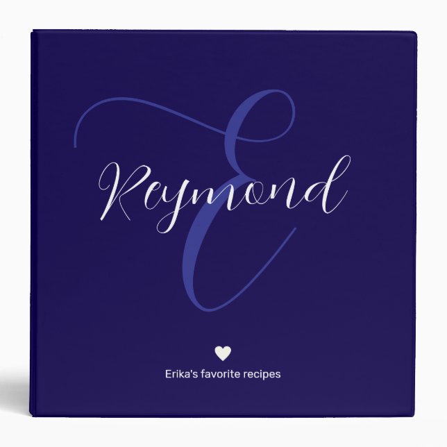 Elegant Recipe Script Monogram Blue 3 Ring Binder (Front)
