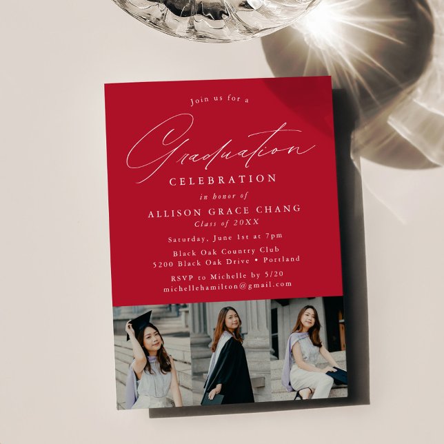 Elegant Red 3 Photo Graduation Party Invitation (Creator Uploaded)