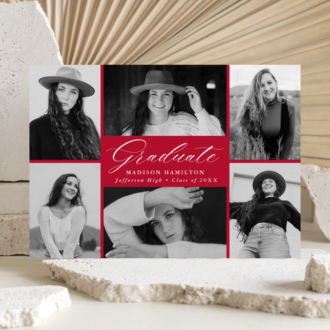 Elegant Red 6 Photo Collage Graduation Announcement (Creator Uploaded)