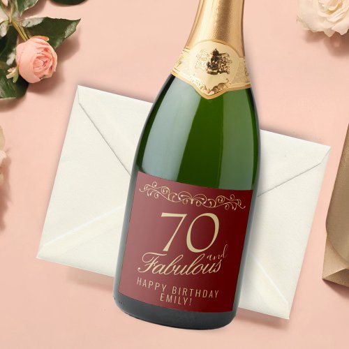 Elegant Red 70 and Fabulous Ornament 70th Birthday Sparkling Wine Label