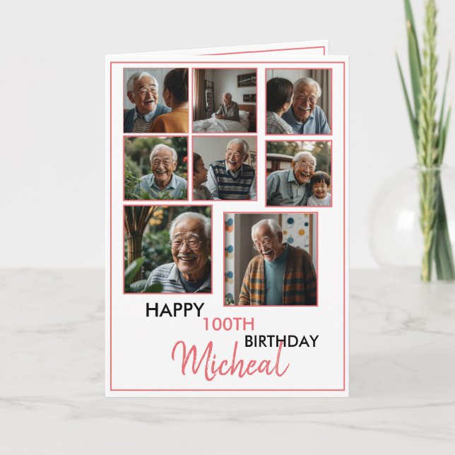 Elegant Red 8 Photo Collage 100th Birthday Card (Front)