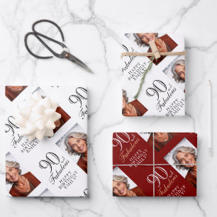 Elegant Red 90 and Fabulous 90th Birthday Photo Wrapping Paper Sheets