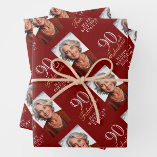 Elegant Red 90 and Fabulous 90th Birthday Photo Wrapping Paper Sheets