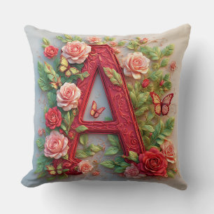 Elegant Red A Letter Made of Roses and Vines Throw Pillow