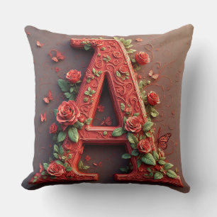 Elegant Red A Letter Made of Roses and Vines Throw Pillow