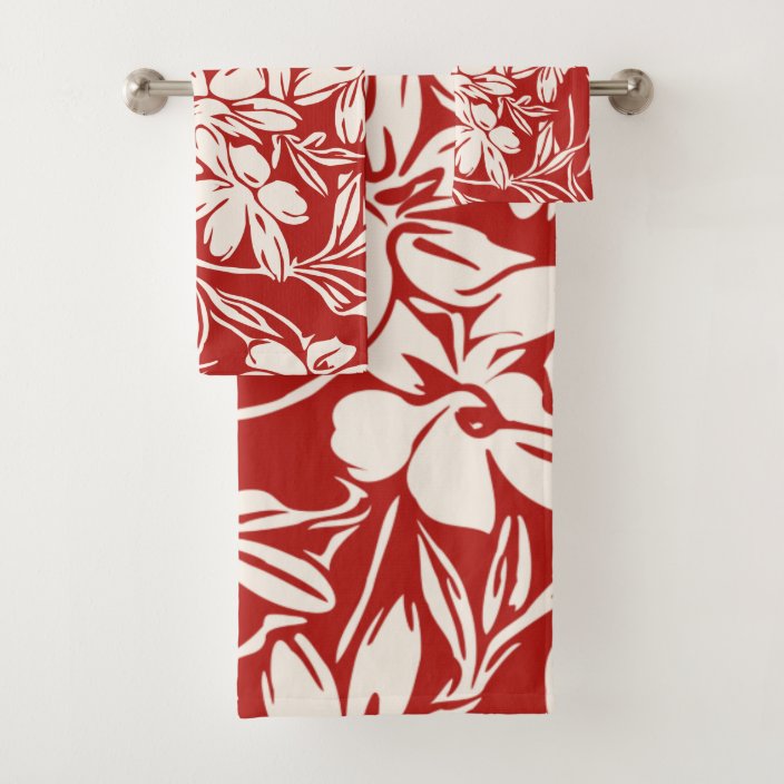 Elegant Red Abstract Floral Illustration Pattern Bath Towel Set