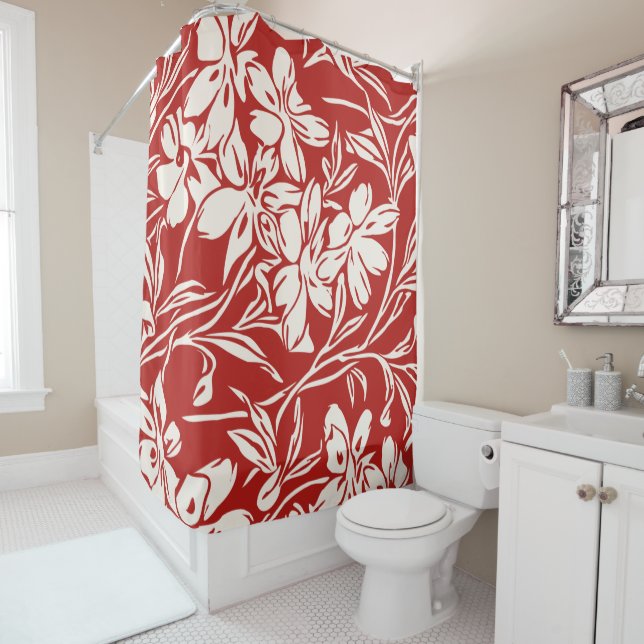 Elegant Red Abstract Floral Illustration Pattern Shower Curtain (In Situ)