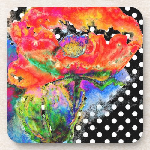 Elegant red abstract floral watercolor painting coaster