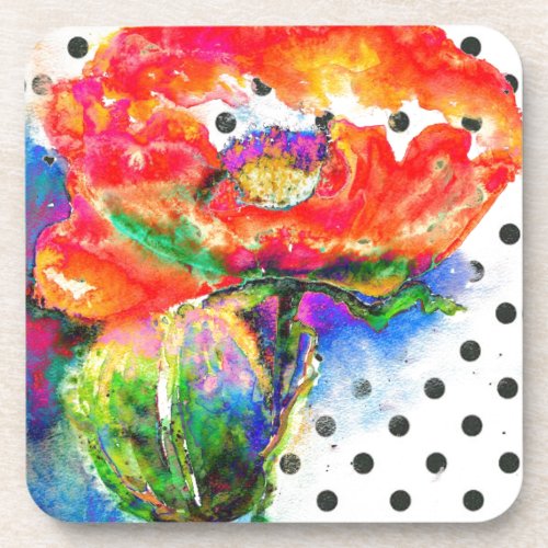 Elegant red abstract floral watercolor painting drink coaster