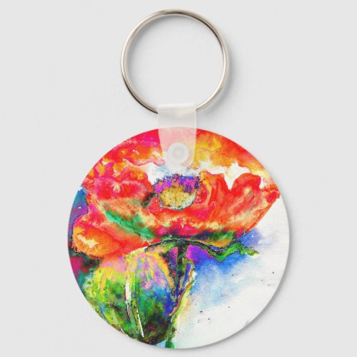 Elegant red abstract floral watercolor painting keychain