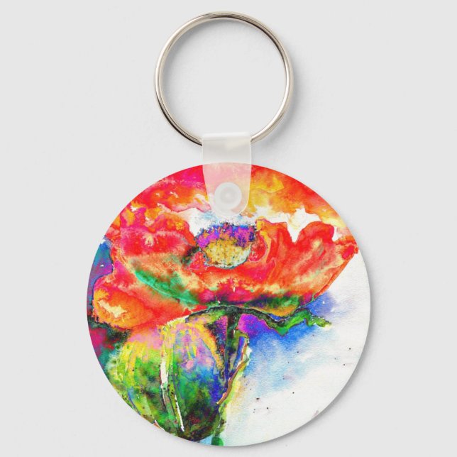 Elegant red abstract floral watercolor painting keychain (Front)