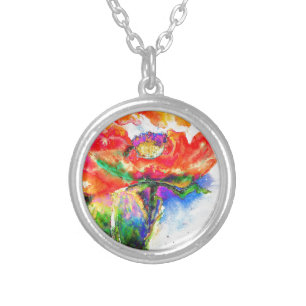 Elegant red abstract floral watercolor painting silver plated necklace