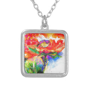 Elegant red abstract floral watercolor painting silver plated necklace