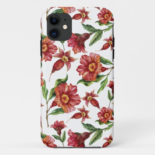 Elegant Red Amaryllis Flowers Seamless Pattern Lif iPhone 11 Case