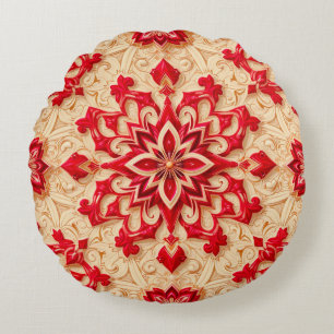Elegant Red and Beige Ornamental Pattern Round Pillow