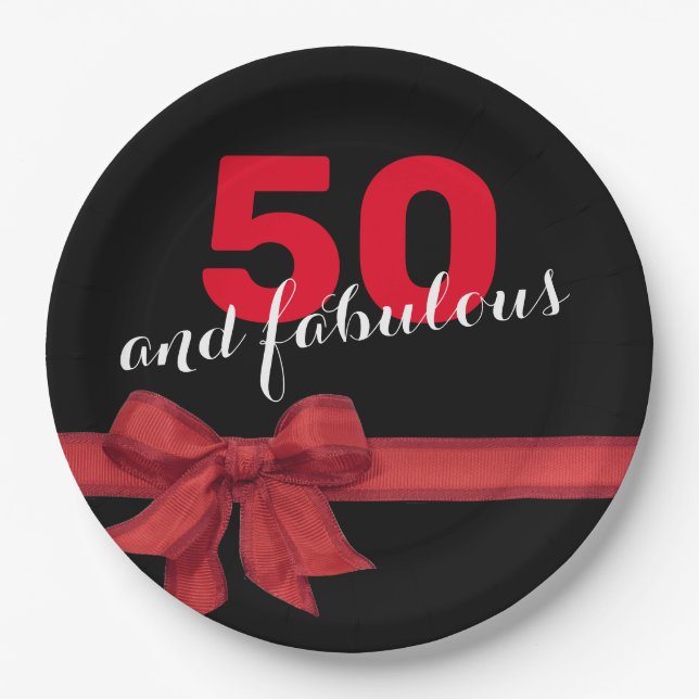Elegant Red and Black 50th Birthday Party Paper Plates (Front)