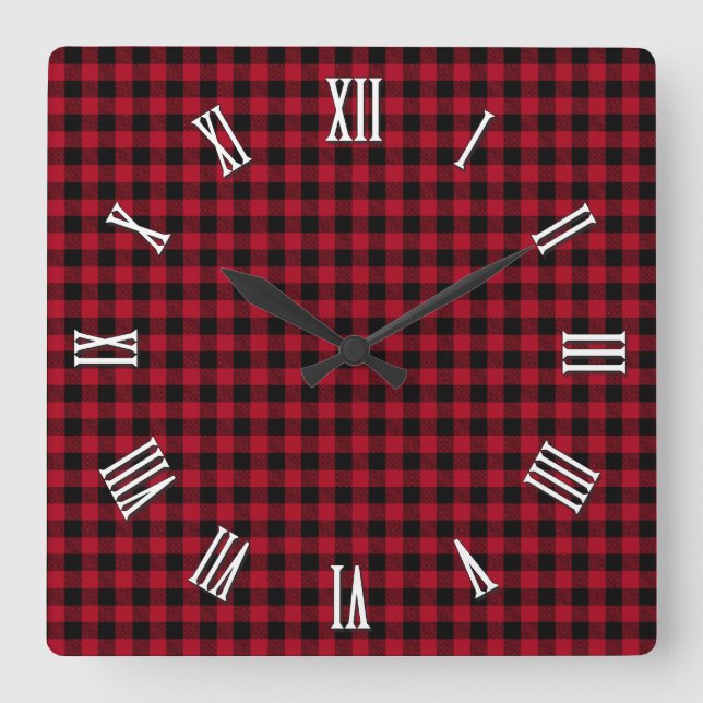 Elegant red and black buffalo plaid, checkered square wall clock (Front)