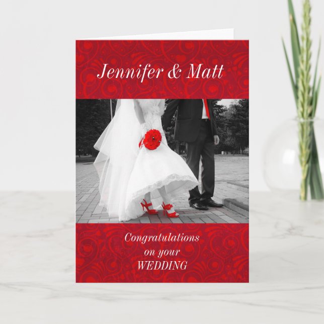 Elegant Red and Black Congratulations on Wedding Card (Front)